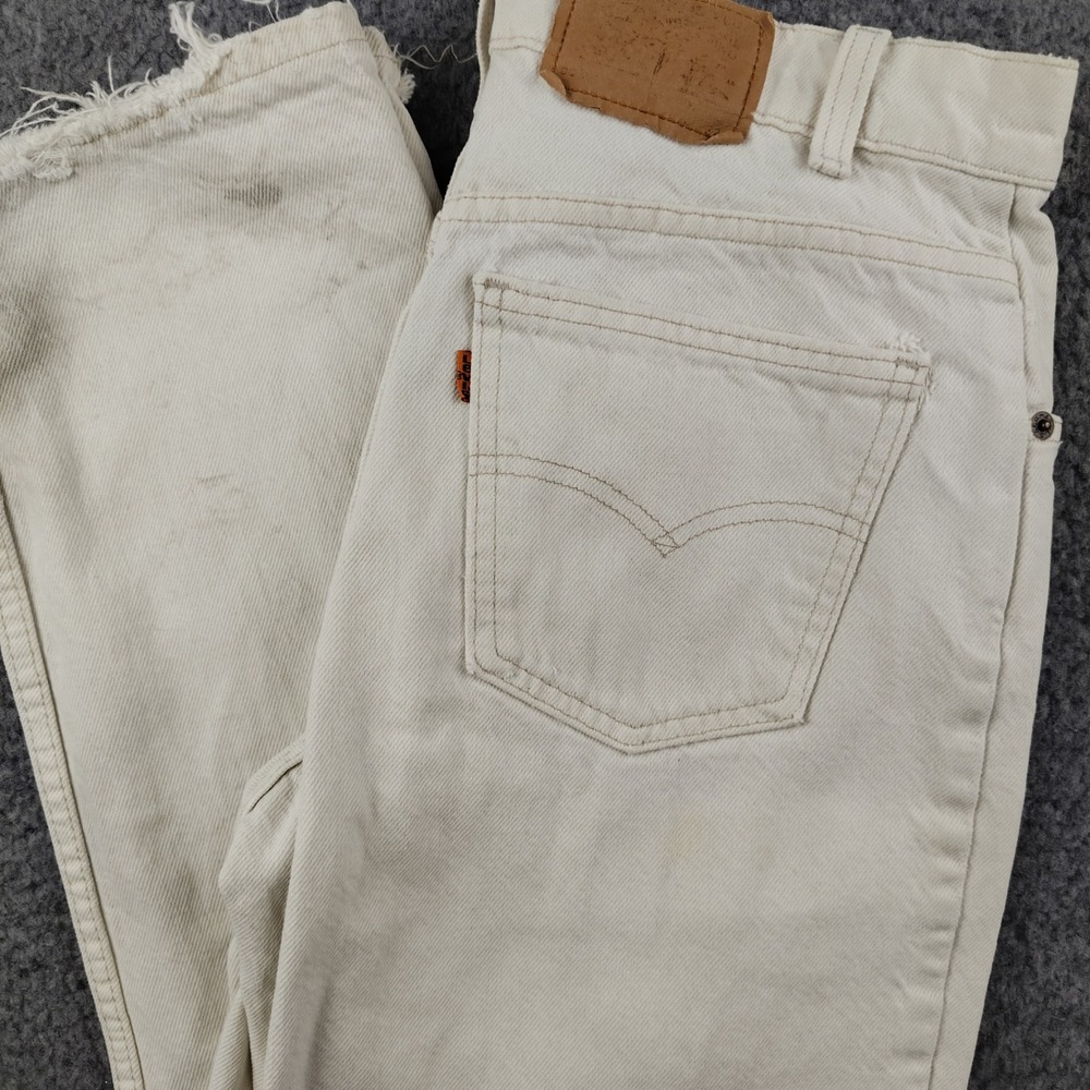 VTG Levis Orange Tab Jeans Sz 28x31 Cream Off White Distressed Tapered Leg